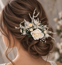 Load image into Gallery viewer, Larger size flower comb in green, white &amp; neutral colours

