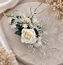 Load image into Gallery viewer, Larger size flower comb in green, white &amp; neutral colours

