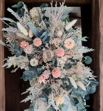 Load image into Gallery viewer, Green Neutral &amp; Pink Flowers – Welcome sign / easel / small backdrop flowers - HIRE ONLY
