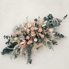 Load image into Gallery viewer, Green Neutral &amp; Pink Flowers – Welcome sign / easel / small backdrop flowers - HIRE ONLY
