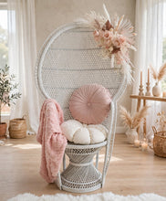 Load image into Gallery viewer, White peacock chair &amp; dusty pastel pink chair flowers - HIRE ONLY
