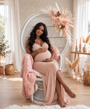 Load image into Gallery viewer, White peacock chair &amp; dusty pastel pink chair flowers - HIRE ONLY

