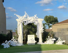 Load image into Gallery viewer, White wooden arbour &amp; flowers - Deluxe - HIRE ONLY
