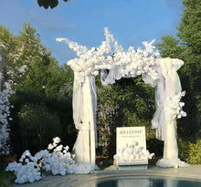 Load image into Gallery viewer, White wooden arbour &amp; flowers - Deluxe - HIRE ONLY
