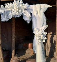Load image into Gallery viewer, White wooden arbour &amp; flowers - Deluxe - HIRE ONLY
