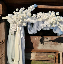 Load image into Gallery viewer, White wooden arbour &amp; flowers - Deluxe - HIRE ONLY
