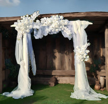 Load image into Gallery viewer, White wooden arbour &amp; flowers - Deluxe - HIRE ONLY

