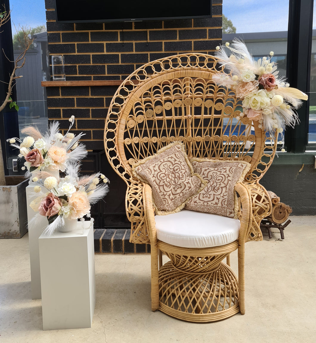 Boho blush Queen peacock chair, plinths & flowers - HIRE ONLY