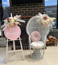 Load image into Gallery viewer, Boho blush White peacock chair &amp; easel Baby shower Basic Package - HIRE ONLY
