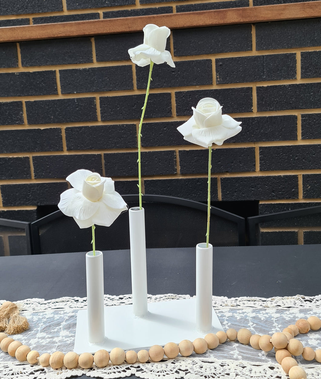 White Triple stem bud vase & velvet roses HIRE ONLY Amazing Blooms AU