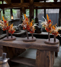 Load image into Gallery viewer, Wood round bud vases with rustic preserved flowers - HIRE ONLY
