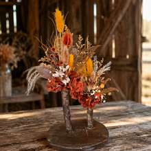 Load image into Gallery viewer, Wood round bud vases with rustic preserved flowers - HIRE ONLY
