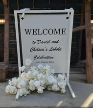Load image into Gallery viewer, White Welcome Sign Stand ONLY - wedding events - HIRE ONLY
