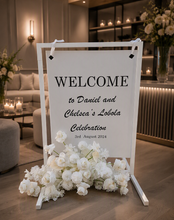 Load image into Gallery viewer, White Welcome Sign Stand ONLY - wedding events - HIRE ONLY
