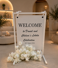 Load image into Gallery viewer, White Welcome Sign Stand ONLY - wedding events - HIRE ONLY
