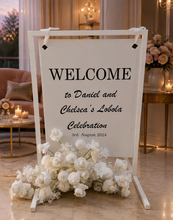 Load image into Gallery viewer, White Welcome Sign Stand ONLY - wedding events - HIRE ONLY
