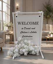 Load image into Gallery viewer, White Welcome Sign Stand ONLY - wedding events - HIRE ONLY
