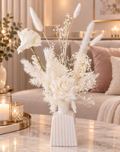 Load image into Gallery viewer, Ribbed white vase &amp; white flowers - velvet &amp; preserved table flowers - HIRE ONLY
