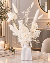 Load image into Gallery viewer, Ribbed white vase &amp; white flowers - velvet &amp; preserved table flowers - HIRE ONLY
