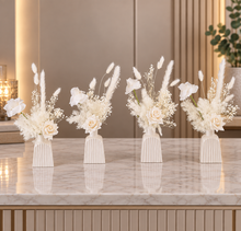 Load image into Gallery viewer, Ribbed white vase &amp; white flowers - velvet &amp; preserved table flowers - HIRE ONLY
