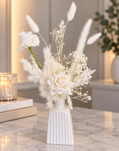Load image into Gallery viewer, Ribbed white vase &amp; white flowers - velvet &amp; preserved table flowers - HIRE ONLY
