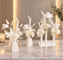 Load image into Gallery viewer, Ribbed white vase &amp; white flowers - velvet &amp; preserved table flowers - HIRE ONLY

