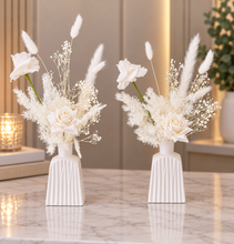 Load image into Gallery viewer, Ribbed white vase &amp; white flowers - velvet &amp; preserved table flowers - HIRE ONLY
