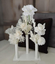 Load image into Gallery viewer, White Triple stem bud vase &amp; white flowers - velvet &amp; preserved - HIRE ONLY
