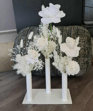 Load image into Gallery viewer, White Triple stem bud vase &amp; white flowers - velvet &amp; preserved - HIRE ONLY
