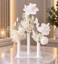 Load image into Gallery viewer, White Triple stem bud vase &amp; white flowers - velvet &amp; preserved - HIRE ONLY
