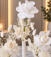 Load image into Gallery viewer, White Triple stem bud vase &amp; white flowers - velvet &amp; preserved - HIRE ONLY
