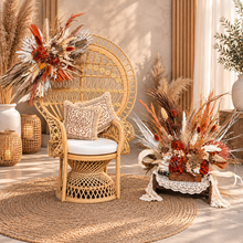 Load image into Gallery viewer, Rustic package – flowers &amp;  Queen peacock chair - HIRE ONLY
