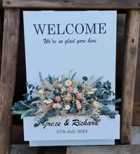 Load image into Gallery viewer, Welcome sign Flower box with green, neutral &amp; pink flowers - HIRE ONLY
