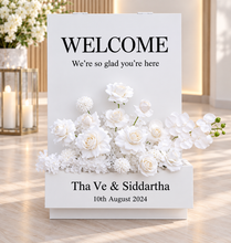 Load image into Gallery viewer, Welcome sign Flower box &amp; white flowers - HIRE ONLY
