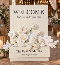 Load image into Gallery viewer, Welcome sign Flower box &amp; white flowers - HIRE ONLY
