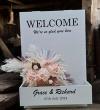Load image into Gallery viewer, Welcome Sign Flower box with blush dusty pink flowers - HIRE ONLY
