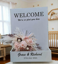 Load image into Gallery viewer, Welcome Sign Flower box with blush dusty pink flowers - HIRE ONLY
