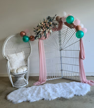 Load image into Gallery viewer, Pink/green package w white backdrop, flowers &amp; peacock chair  - HIRE ONLY
