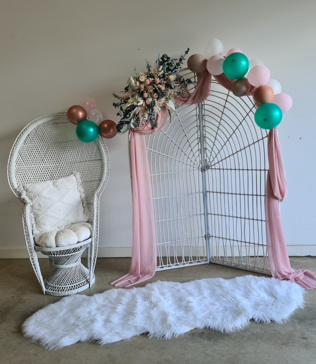 Pink/green package w white backdrop, flowers & peacock chair  - HIRE ONLY