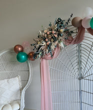 Load image into Gallery viewer, Pink/green package w white backdrop, flowers &amp; peacock chair  - HIRE ONLY
