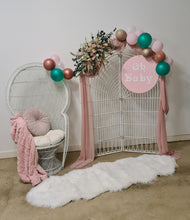 Load image into Gallery viewer, Baby shower pink/green package - white backdrop, peacock chair &amp; flowers
