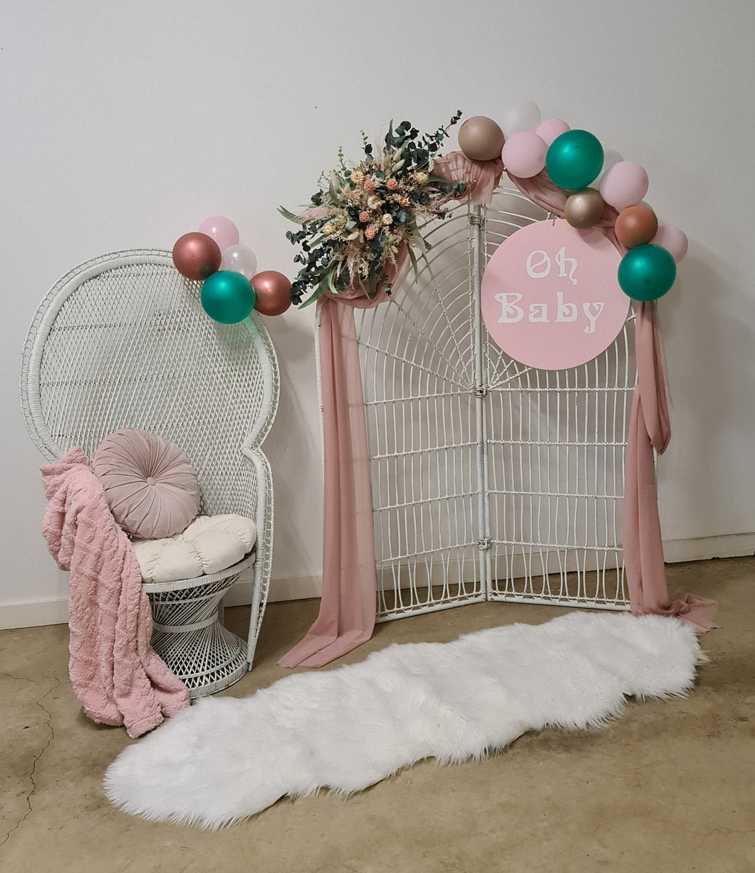 Baby shower pink/green package - white backdrop, peacock chair & flowers