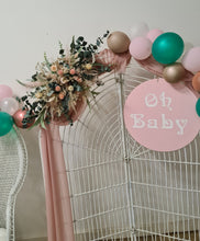 Load image into Gallery viewer, Baby shower pink/green package - white backdrop, peacock chair &amp; flowers
