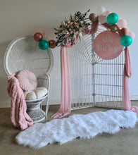 Load image into Gallery viewer, Baby shower pink/green package - white backdrop, peacock chair &amp; flowers
