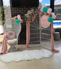 Load image into Gallery viewer, Baby shower pink/green package - white backdrop, peacock chair &amp; flowers
