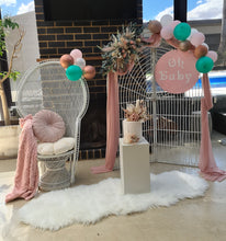 Load image into Gallery viewer, Baby shower pink/green package - white backdrop, peacock chair &amp; flowers
