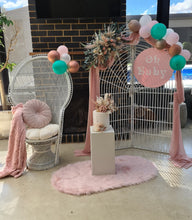 Load image into Gallery viewer, Baby shower pink/green package - white backdrop, peacock chair &amp; flowers

