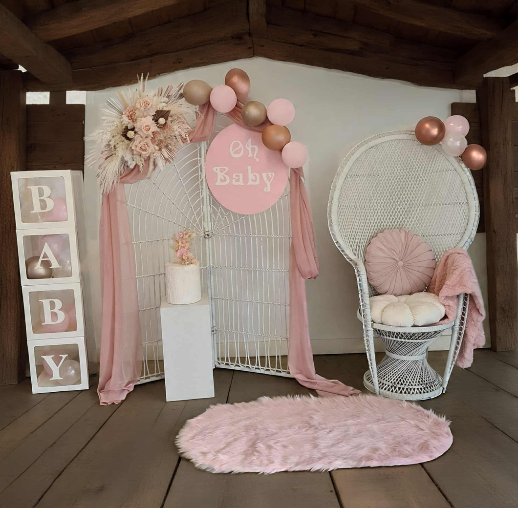 Baby Shower blush flowers, backdrop & peacock chair – Advanced Package - HIRE ONLY