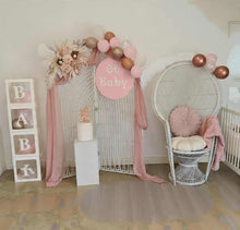 Load image into Gallery viewer, Baby Shower blush flowers, backdrop &amp; peacock chair – Advanced Package - HIRE ONLY
