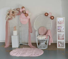 Load image into Gallery viewer, Baby Shower blush flowers, backdrop &amp; peacock chair – Advanced Package - HIRE ONLY
